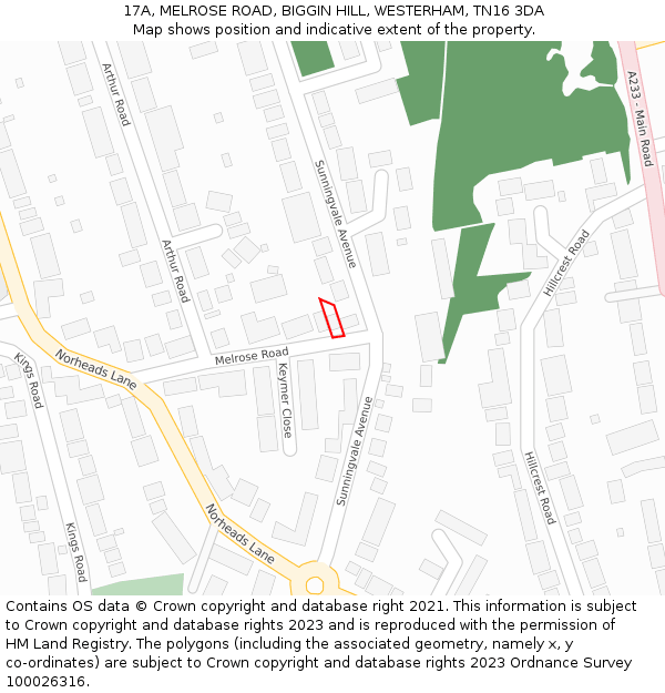 17A, MELROSE ROAD, BIGGIN HILL, WESTERHAM, TN16 3DA: Location map and indicative extent of plot