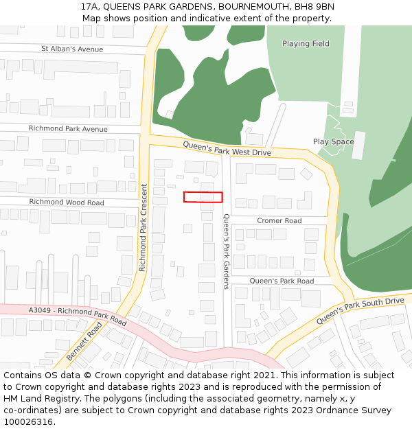 17A, QUEENS PARK GARDENS, BOURNEMOUTH, BH8 9BN: Location map and indicative extent of plot