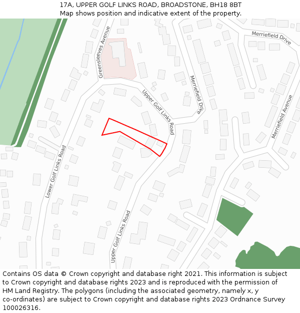 17A, UPPER GOLF LINKS ROAD, BROADSTONE, BH18 8BT: Location map and indicative extent of plot