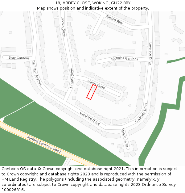 18, ABBEY CLOSE, WOKING, GU22 8RY: Location map and indicative extent of plot