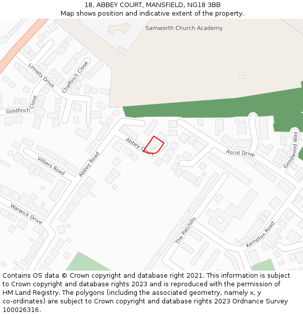 18, ABBEY COURT, MANSFIELD, NG18 3BB: Location map and indicative extent of plot