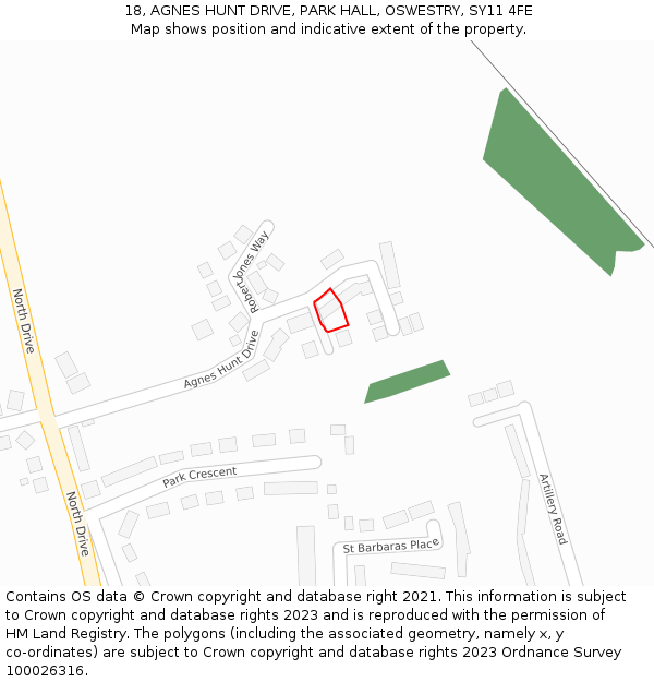 18, AGNES HUNT DRIVE, PARK HALL, OSWESTRY, SY11 4FE: Location map and indicative extent of plot