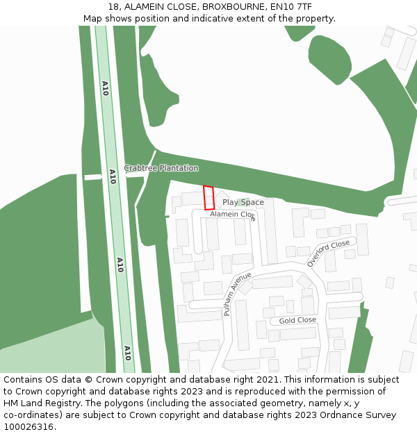 18, ALAMEIN CLOSE, BROXBOURNE, EN10 7TF: Location map and indicative extent of plot