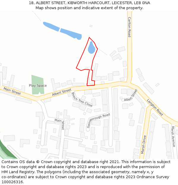 18, ALBERT STREET, KIBWORTH HARCOURT, LEICESTER, LE8 0NA: Location map and indicative extent of plot