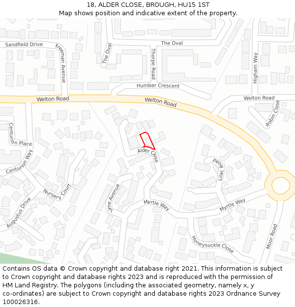 18, ALDER CLOSE, BROUGH, HU15 1ST: Location map and indicative extent of plot