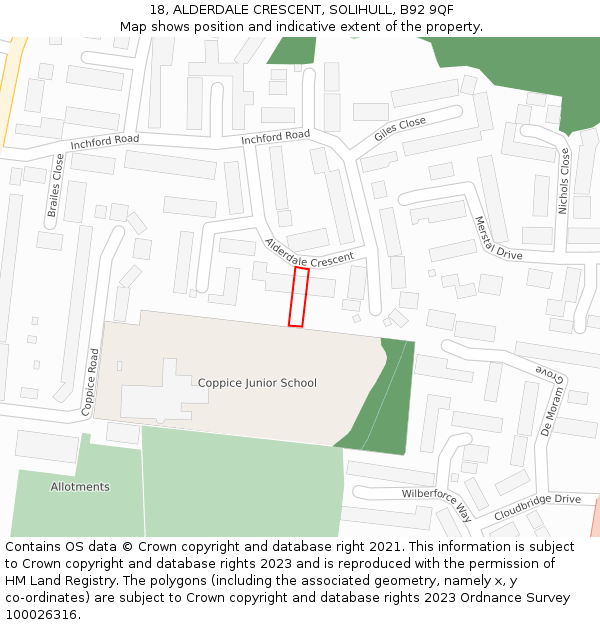 18, ALDERDALE CRESCENT, SOLIHULL, B92 9QF: Location map and indicative extent of plot