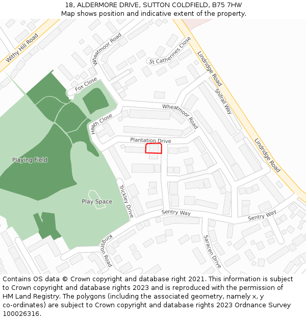 18, ALDERMORE DRIVE, SUTTON COLDFIELD, B75 7HW: Location map and indicative extent of plot