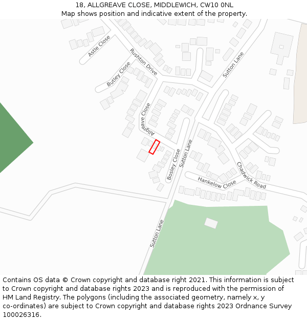 18, ALLGREAVE CLOSE, MIDDLEWICH, CW10 0NL: Location map and indicative extent of plot