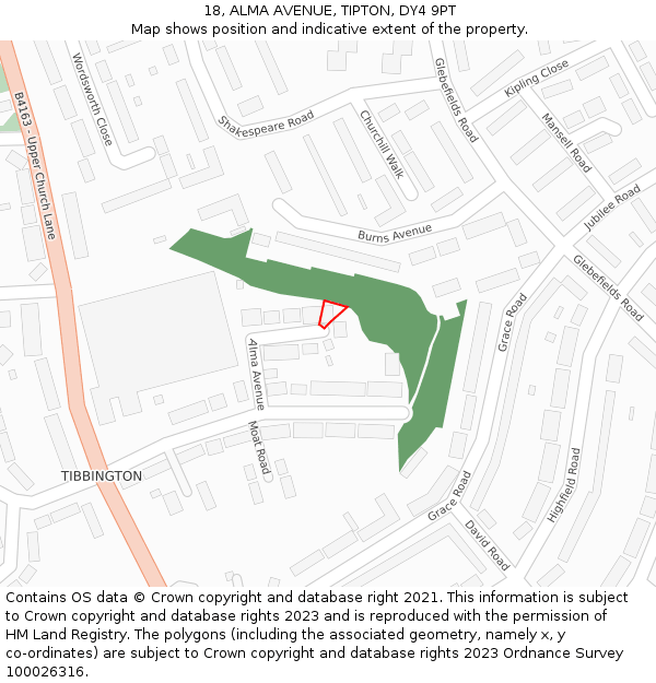 18, ALMA AVENUE, TIPTON, DY4 9PT: Location map and indicative extent of plot