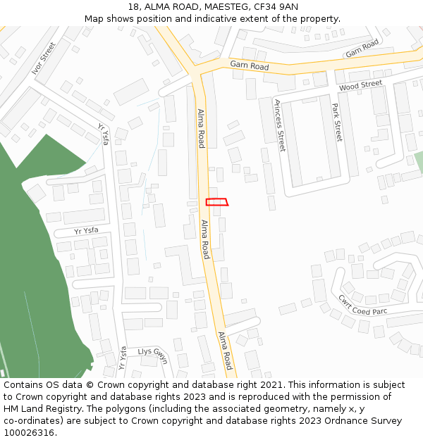 18, ALMA ROAD, MAESTEG, CF34 9AN: Location map and indicative extent of plot