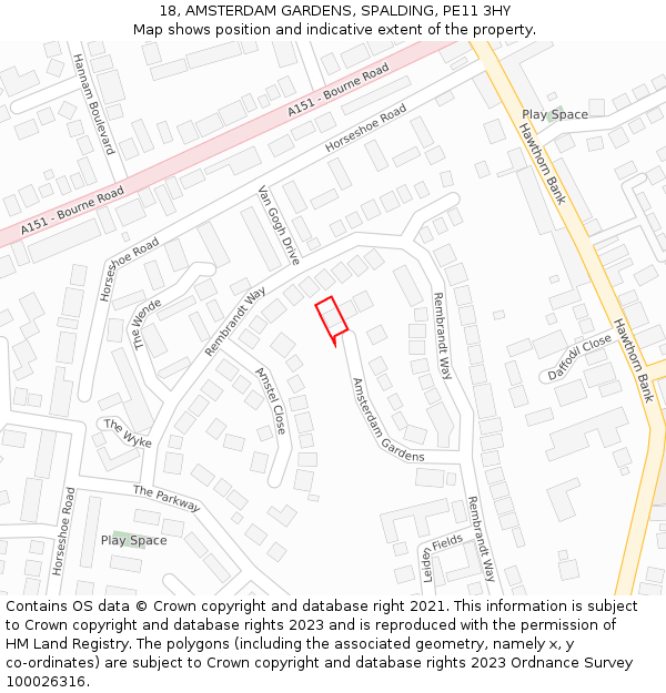 18, AMSTERDAM GARDENS, SPALDING, PE11 3HY: Location map and indicative extent of plot