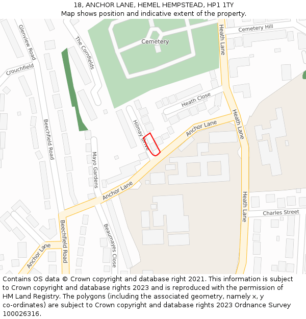 18, ANCHOR LANE, HEMEL HEMPSTEAD, HP1 1TY: Location map and indicative extent of plot