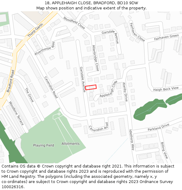 18, APPLEHAIGH CLOSE, BRADFORD, BD10 9DW: Location map and indicative extent of plot