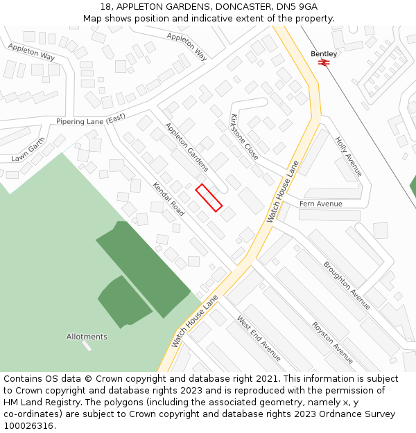 18, APPLETON GARDENS, DONCASTER, DN5 9GA: Location map and indicative extent of plot