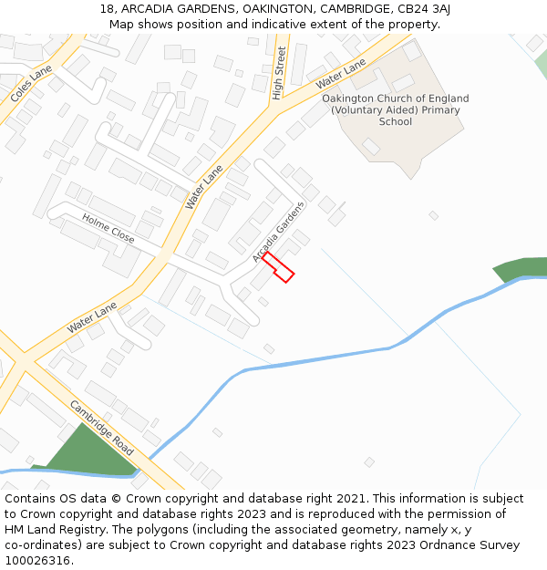 18, ARCADIA GARDENS, OAKINGTON, CAMBRIDGE, CB24 3AJ: Location map and indicative extent of plot