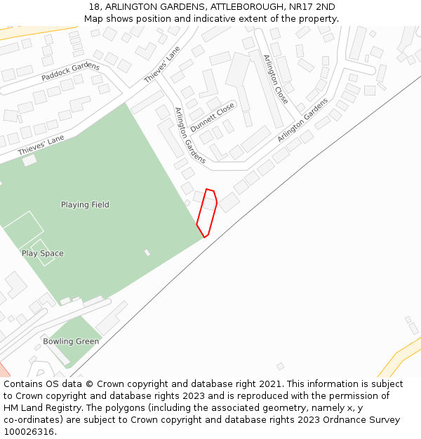 18, ARLINGTON GARDENS, ATTLEBOROUGH, NR17 2ND: Location map and indicative extent of plot