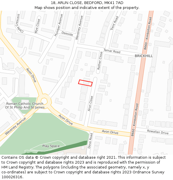 18, ARUN CLOSE, BEDFORD, MK41 7AD: Location map and indicative extent of plot