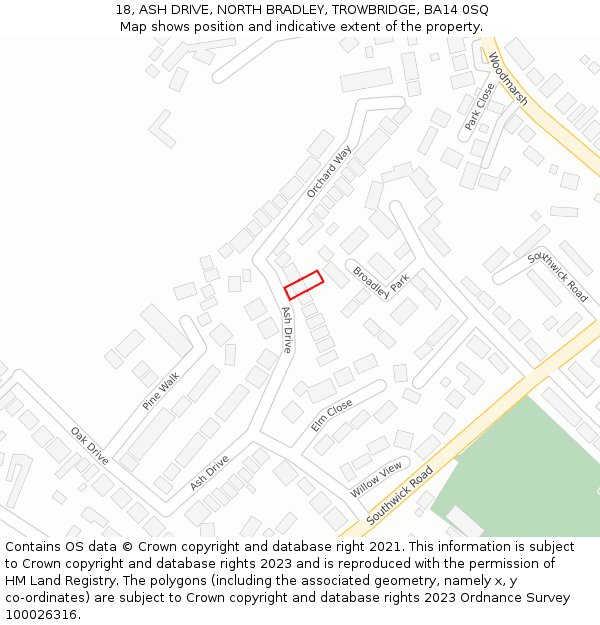 18, ASH DRIVE, NORTH BRADLEY, TROWBRIDGE, BA14 0SQ: Location map and indicative extent of plot