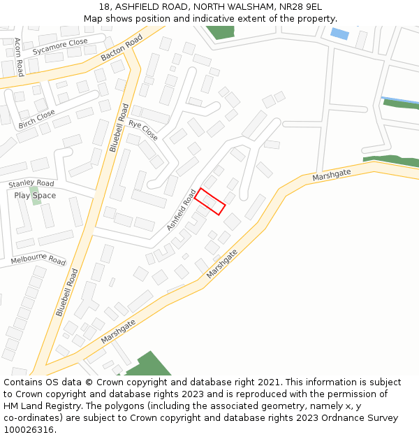 18, ASHFIELD ROAD, NORTH WALSHAM, NR28 9EL: Location map and indicative extent of plot