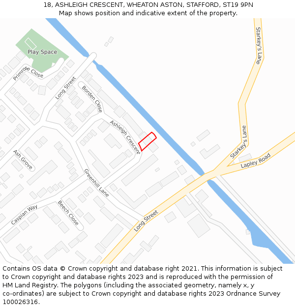 18, ASHLEIGH CRESCENT, WHEATON ASTON, STAFFORD, ST19 9PN: Location map and indicative extent of plot