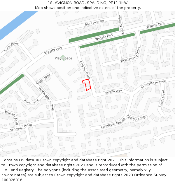 18, AVIGNON ROAD, SPALDING, PE11 1HW: Location map and indicative extent of plot