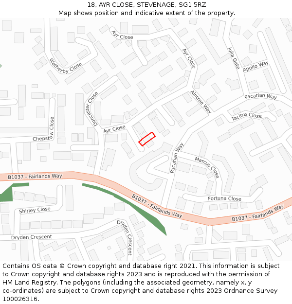 18, AYR CLOSE, STEVENAGE, SG1 5RZ: Location map and indicative extent of plot