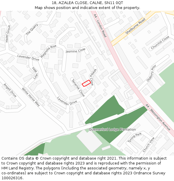 18, AZALEA CLOSE, CALNE, SN11 0QT: Location map and indicative extent of plot