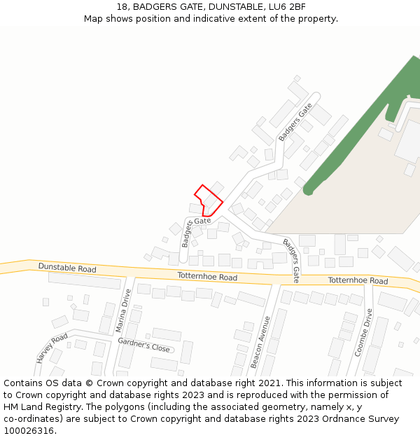 18, BADGERS GATE, DUNSTABLE, LU6 2BF: Location map and indicative extent of plot