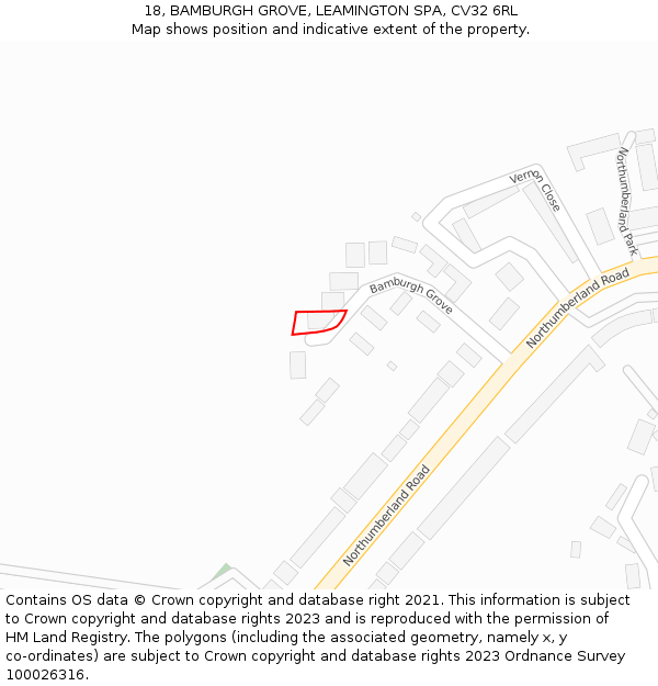 18, BAMBURGH GROVE, LEAMINGTON SPA, CV32 6RL: Location map and indicative extent of plot