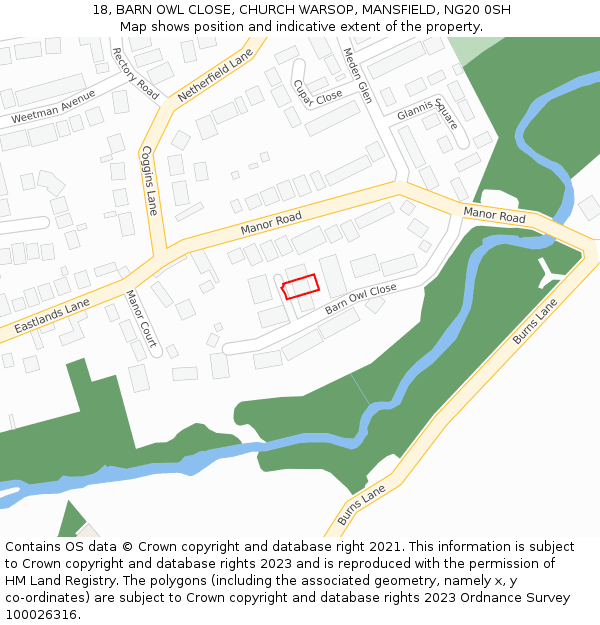 18, BARN OWL CLOSE, CHURCH WARSOP, MANSFIELD, NG20 0SH: Location map and indicative extent of plot