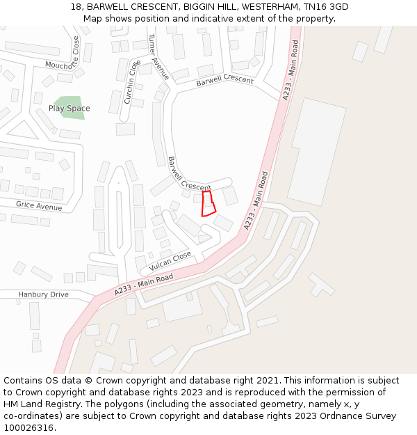 18, BARWELL CRESCENT, BIGGIN HILL, WESTERHAM, TN16 3GD: Location map and indicative extent of plot