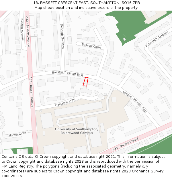 18, BASSETT CRESCENT EAST, SOUTHAMPTON, SO16 7PB: Location map and indicative extent of plot