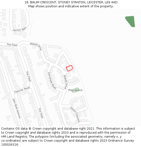 18, BAUM CRESCENT, STONEY STANTON, LEICESTER, LE9 4AD: Location map and indicative extent of plot