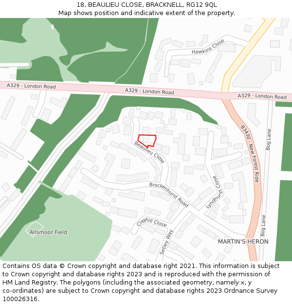 18, BEAULIEU CLOSE, BRACKNELL, RG12 9QL: Location map and indicative extent of plot