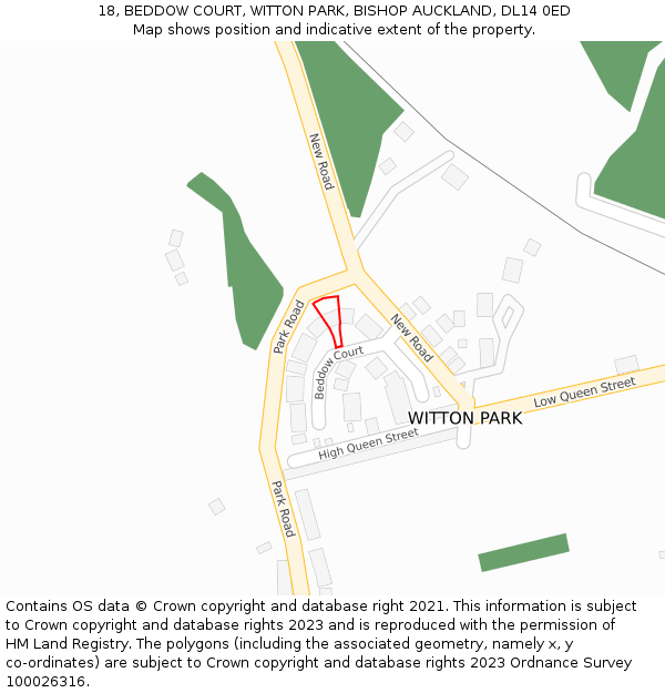 18, BEDDOW COURT, WITTON PARK, BISHOP AUCKLAND, DL14 0ED: Location map and indicative extent of plot