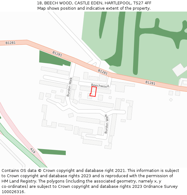 18, BEECH WOOD, CASTLE EDEN, HARTLEPOOL, TS27 4FF: Location map and indicative extent of plot