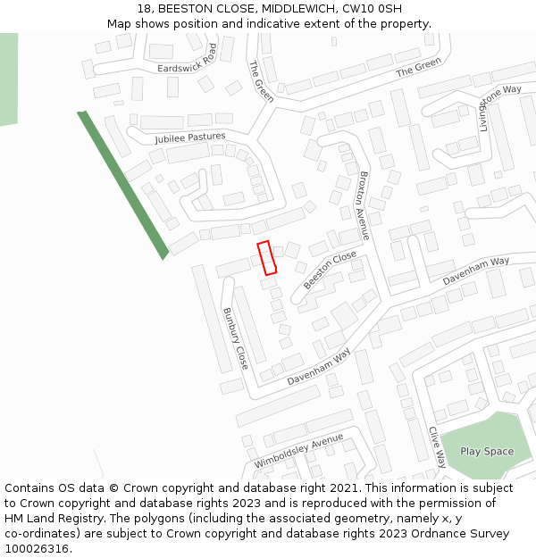 18, BEESTON CLOSE, MIDDLEWICH, CW10 0SH: Location map and indicative extent of plot