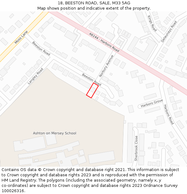 18, BEESTON ROAD, SALE, M33 5AG: Location map and indicative extent of plot