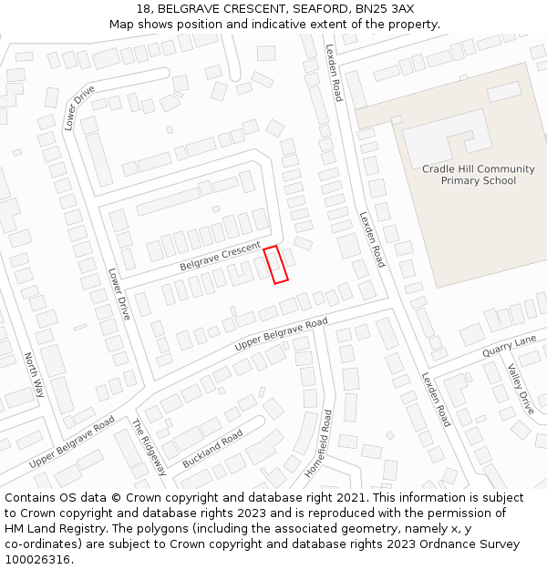 18, BELGRAVE CRESCENT, SEAFORD, BN25 3AX: Location map and indicative extent of plot