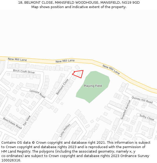 18, BELMONT CLOSE, MANSFIELD WOODHOUSE, MANSFIELD, NG19 9GD: Location map and indicative extent of plot