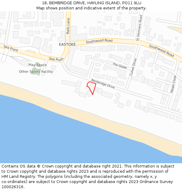 18, BEMBRIDGE DRIVE, HAYLING ISLAND, PO11 9LU: Location map and indicative extent of plot