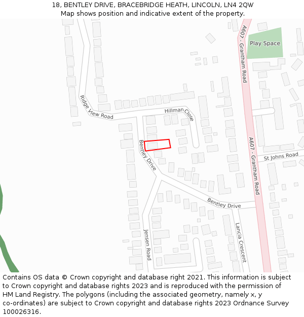 18, BENTLEY DRIVE, BRACEBRIDGE HEATH, LINCOLN, LN4 2QW: Location map and indicative extent of plot