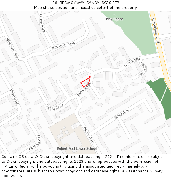 18, BERWICK WAY, SANDY, SG19 1TR: Location map and indicative extent of plot