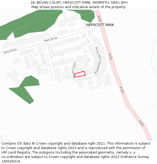 18, BEVAN COURT, HEPSCOTT PARK, MORPETH, NE61 6FH: Location map and indicative extent of plot