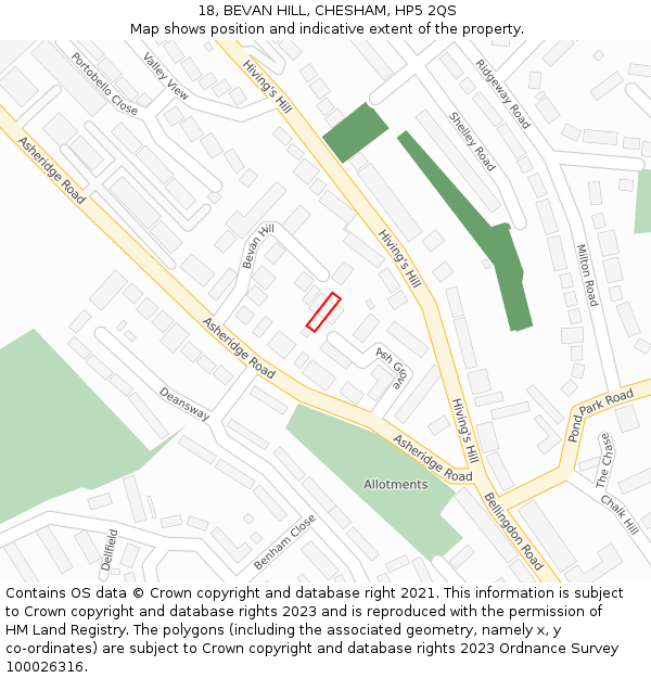 18, BEVAN HILL, CHESHAM, HP5 2QS: Location map and indicative extent of plot