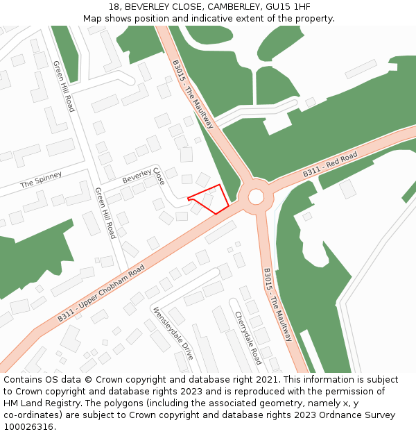 18, BEVERLEY CLOSE, CAMBERLEY, GU15 1HF: Location map and indicative extent of plot