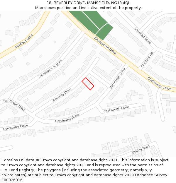 18, BEVERLEY DRIVE, MANSFIELD, NG18 4QL: Location map and indicative extent of plot