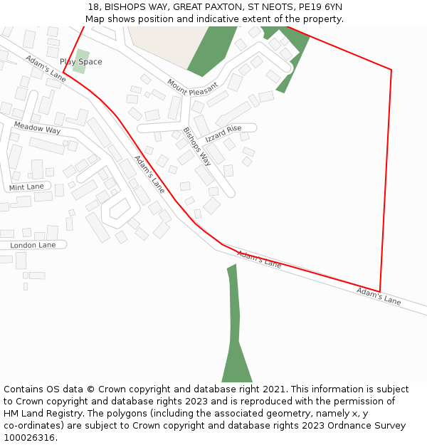 18, BISHOPS WAY, GREAT PAXTON, ST NEOTS, PE19 6YN: Location map and indicative extent of plot