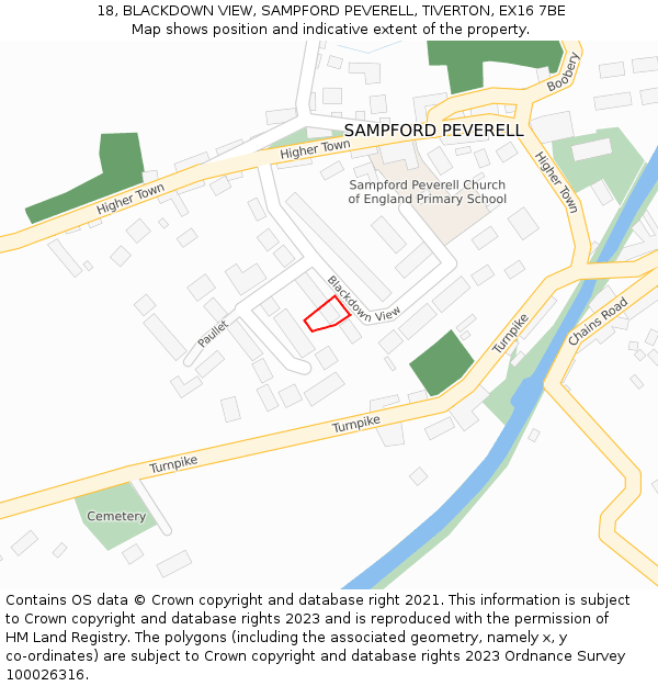 18, BLACKDOWN VIEW, SAMPFORD PEVERELL, TIVERTON, EX16 7BE: Location map and indicative extent of plot