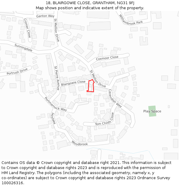 18, BLAIRGOWIE CLOSE, GRANTHAM, NG31 9FJ: Location map and indicative extent of plot